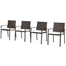 Outsunny Patio Furniture Outdoor Rattan Dining Chairs Set of 4 with Cushions, Cream White