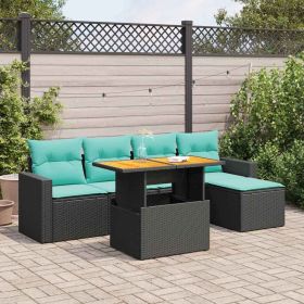 6 Piece Patio Sofa Set with Cushions Black Poly Rattan (Color: Black)