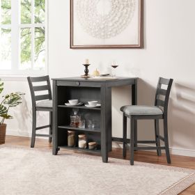 30" Modern Dining Table Set for 2 with Charging Station & 3-Tier Adjustable Storage | Space-Saving Kitchen Set with Upholstered Chairs for Small (Main Color: Gray, Main Material: Solid Wood+MDF)