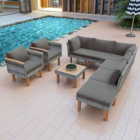 GO 9-Piece Patio Rattan Furniture Set, Outdoor Conversation Set With Acacia Wood Legs and Tabletop, PE Rattan Sectional Sofa Set with Coffee Tabl (Color: as Pic)