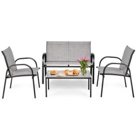 4 Pieces Patio Furniture Set with Glass Top Coffee Table (Color: Gray)