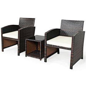 3 Pieces PE Rattan Wicker Furniture Set with Cushion Sofa Coffee Table for Garden (Color: White)