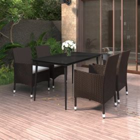 5 Piece Patio Dining Set with Cushions Poly Rattan and Glass (Color: Brown)