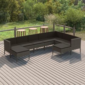 9 Piece Patio Lounge Set with Cushions Poly Rattan Gray (Color: Grey)