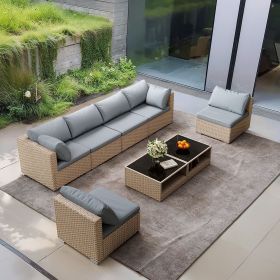 8-Piece Patio Furniture Set, All-Weather Boho Outdoor Conversation Set Sectional Sofa with Water Resistant Grey Thick Cushions (Color: as Pic)